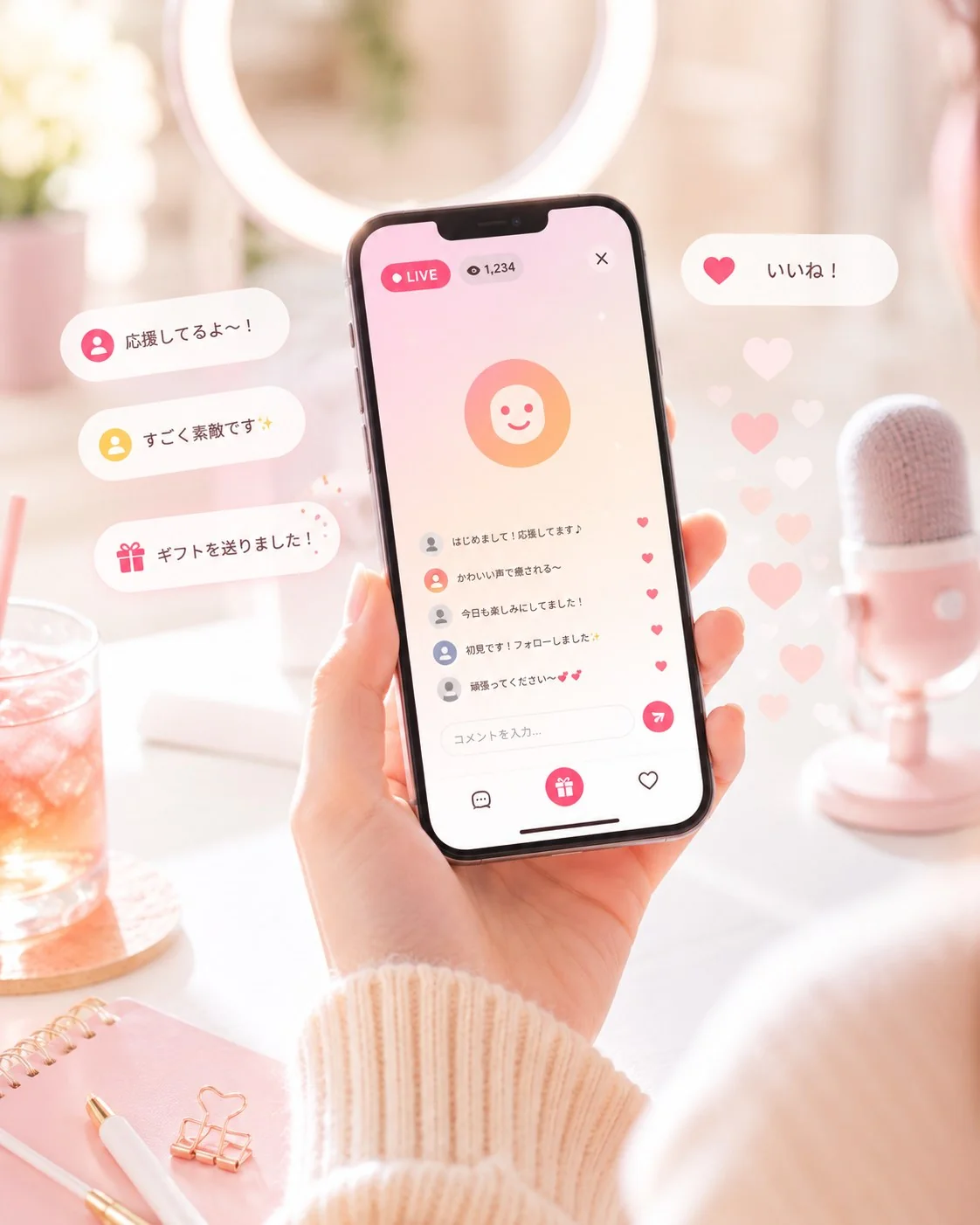 ライブ配信中のスマートフォン画面と配信機材